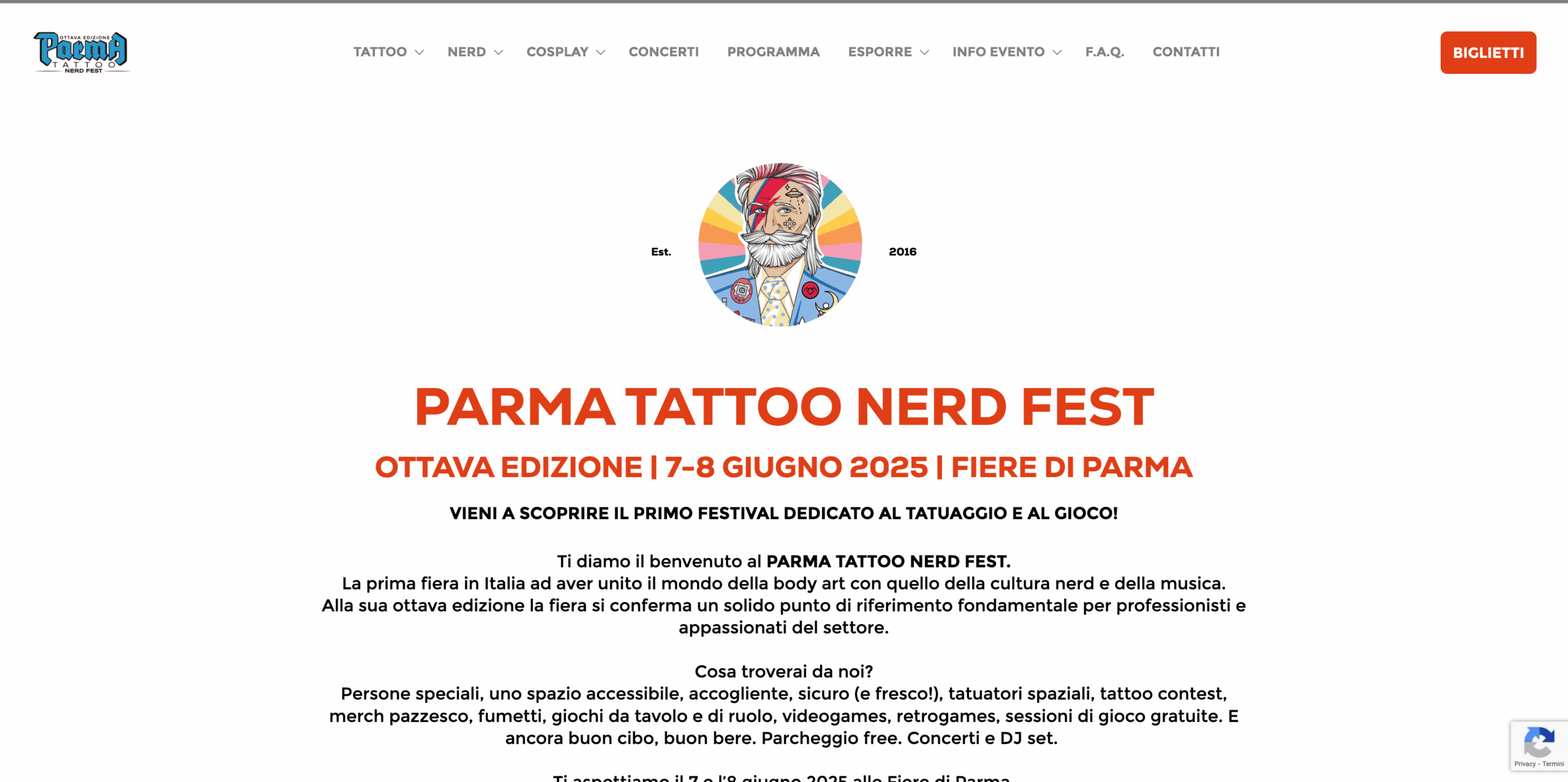 Screenshot del sito web dell'edizione 2025 della fiera Parma Tattoo Nerd Fest - design responsive WordPress