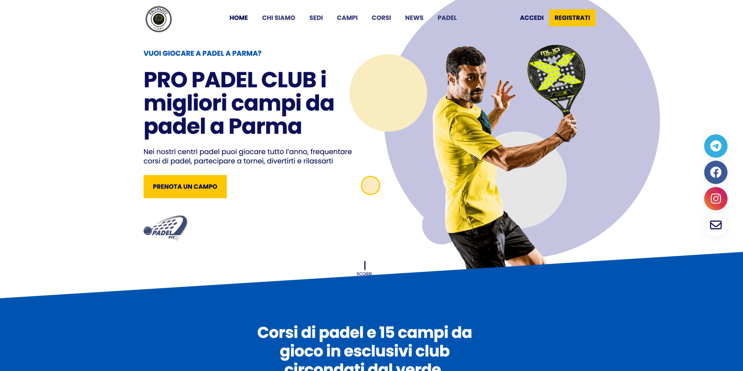 Screenshot del sito web di Pro Padel Club di Parma - design responsive WordPress