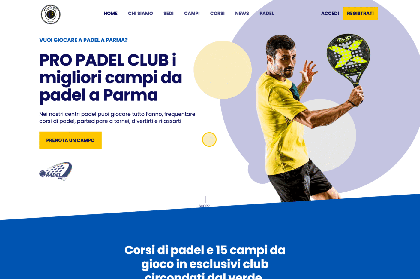 Screenshot del sito web di Pro Padel Club di Parma - design responsive WordPress