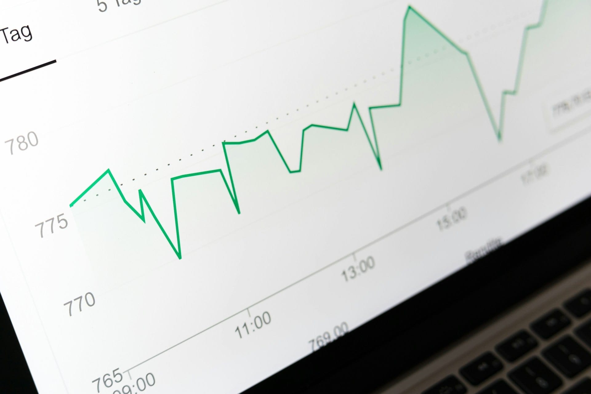 Foto di un laptop con a video grafico con andamento Analytics